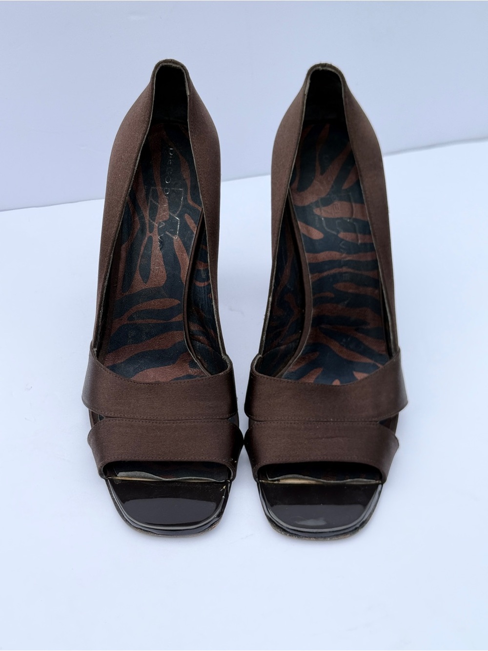 Classic Designer Open Toe Chocolate Brown Silk Heels